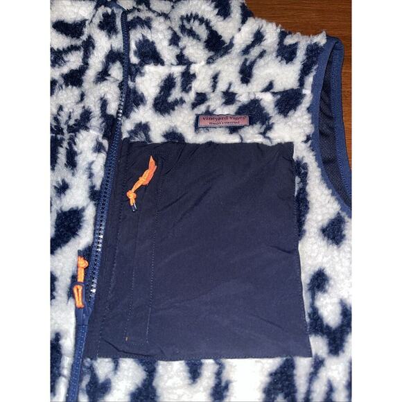 Vineyard Vines Womens Large Deep Bay Blue & Crème Leopard Sherpa Supershep Vest - Picture 2 of 7